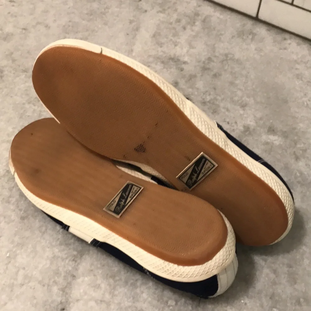Vintage Polo Ralph‎ Lauren Sport Sneakers Mens 7.5 Navy Blue White Leather Retro
